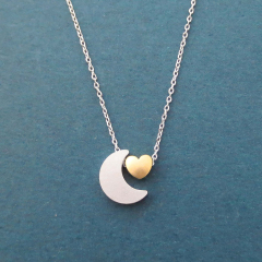 Sterling Silver Two Tone Crescent Moon and Heart Necklace Gift Jewelry