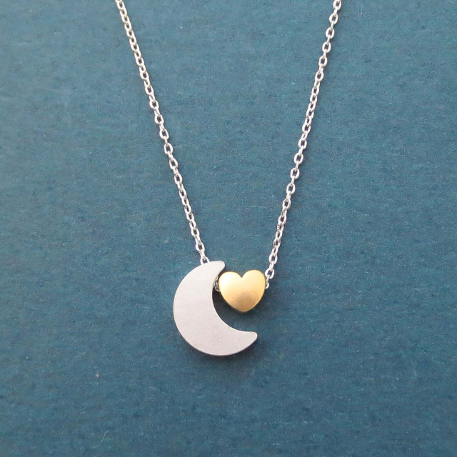 Sterling Silver Two Tone Crescent Moon and Heart Necklace Gift Jewelry