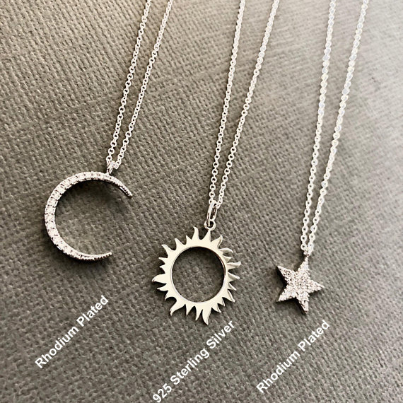 Minimalist Sterling Silver Celestial Star, Moon and Sun Necklace