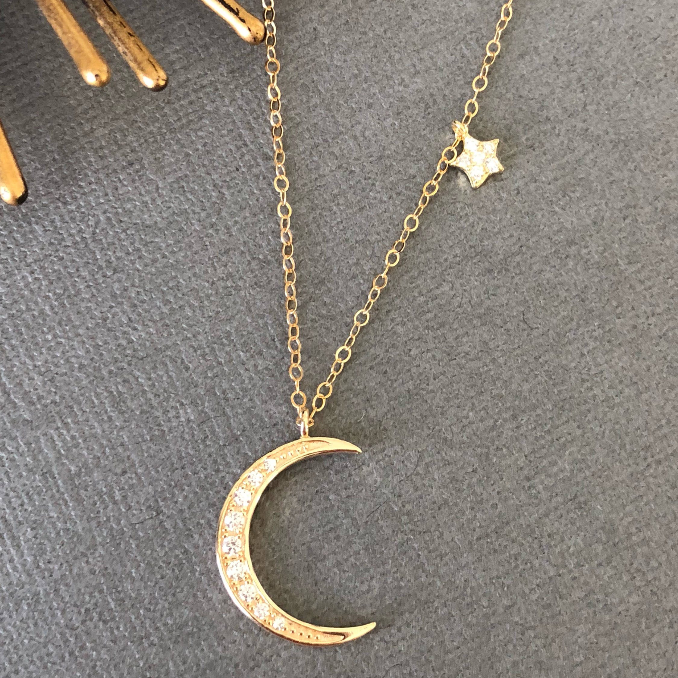 14K Yellow Gold Sterling Silver Pave Set CZ Moon and Star Necklace