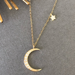 14K Yellow Gold Sterling Silver Pave Set CZ Moon and Star Necklace