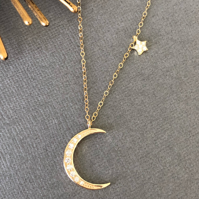 14K Yellow Gold Sterling Silver Pave Set CZ Moon and Star Necklace