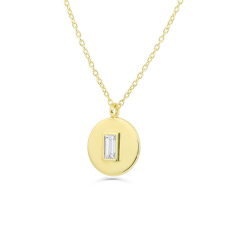 Delicate Sterling Silver Baguette Cubic Zirconia Round Disc Pendant Necklace