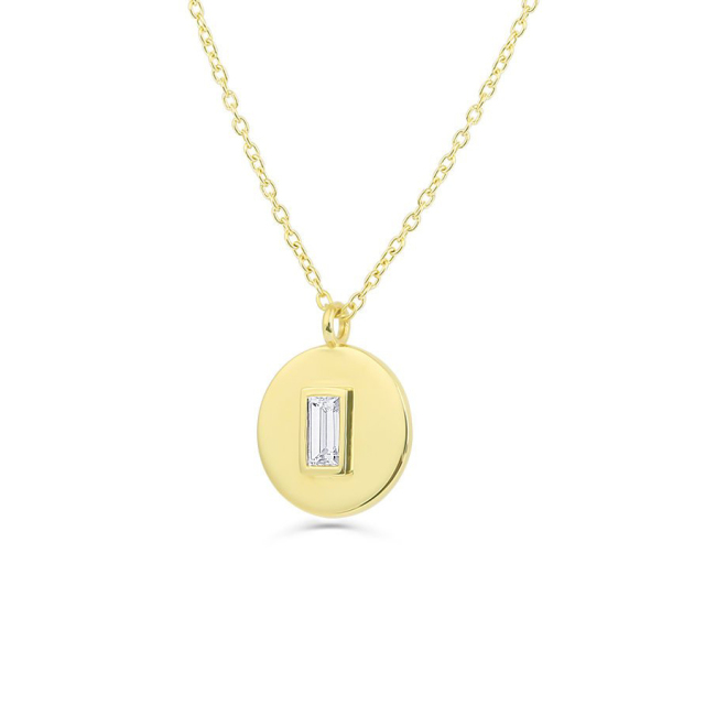 Delicate Sterling Silver Baguette Cubic Zirconia Round Disc Pendant Necklace