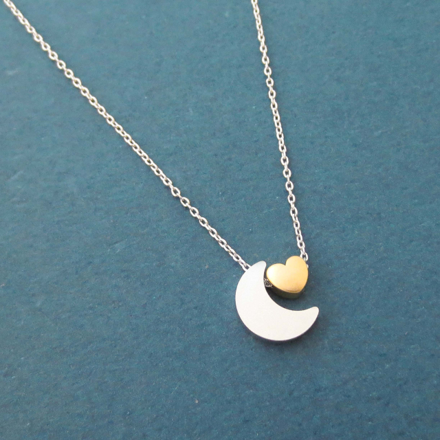 Sterling Silver Two Tone Crescent Moon and Heart Necklace Gift Jewelry