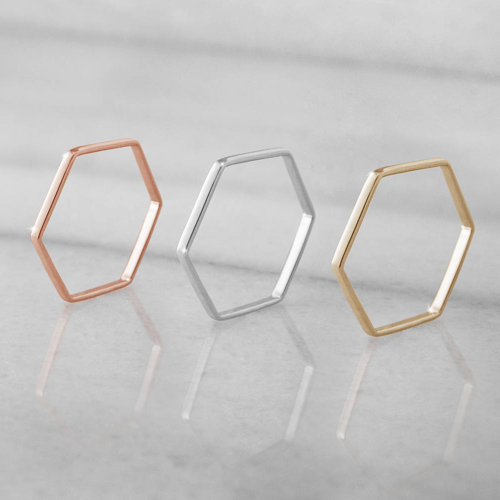 14K Rose Gold Sterling Silver Women Hexagon Wedding Band Geometric Ring