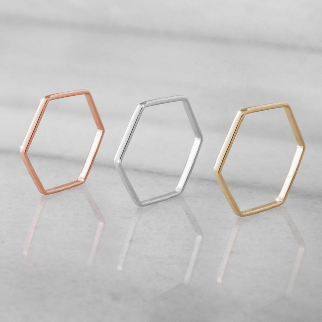 14K Rose Gold Sterling Silver Women Hexagon Wedding Band Geometric Ring