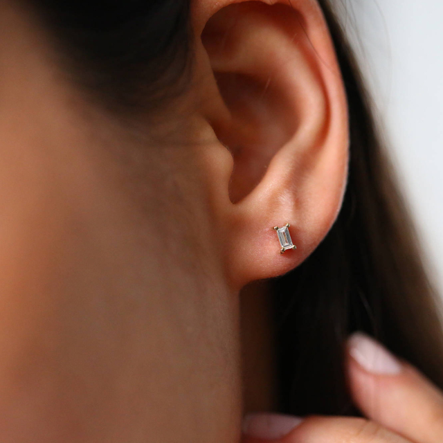 Simple Dainty Baguette Cut CZ Stud Earrings in 925 Silver