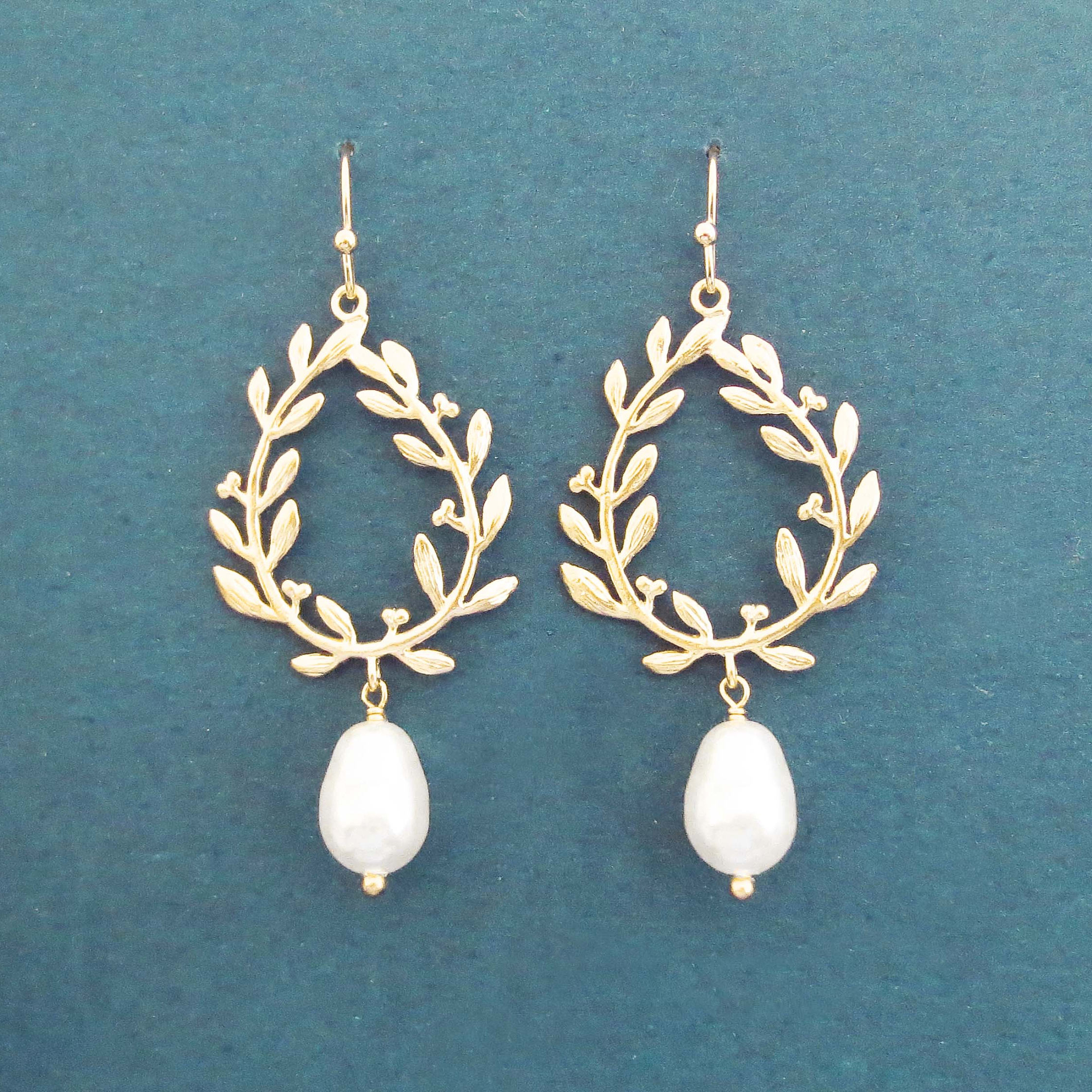 Dainty Sterling Silver Rose Gold White Pearl and Olive Leaf Dangling Earrings for Party