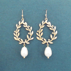 Dainty Sterling Silver Rose Gold White Pearl and Olive Leaf Dangling Earrings for Party