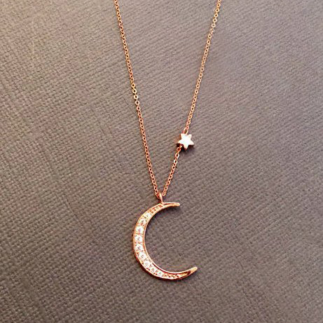 Sterling Silver Rose Gold Dainty Crescent Moon and Satr Necklace