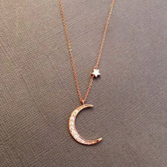 Sterling Silver Rose Gold Dainty Crescent Moon and Satr Necklace