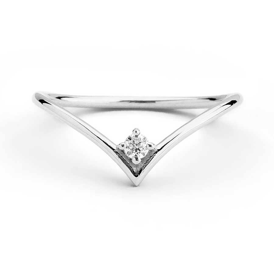 Sterling Silver Solitaire Cubic Zirconia Midi Chevron V Ring