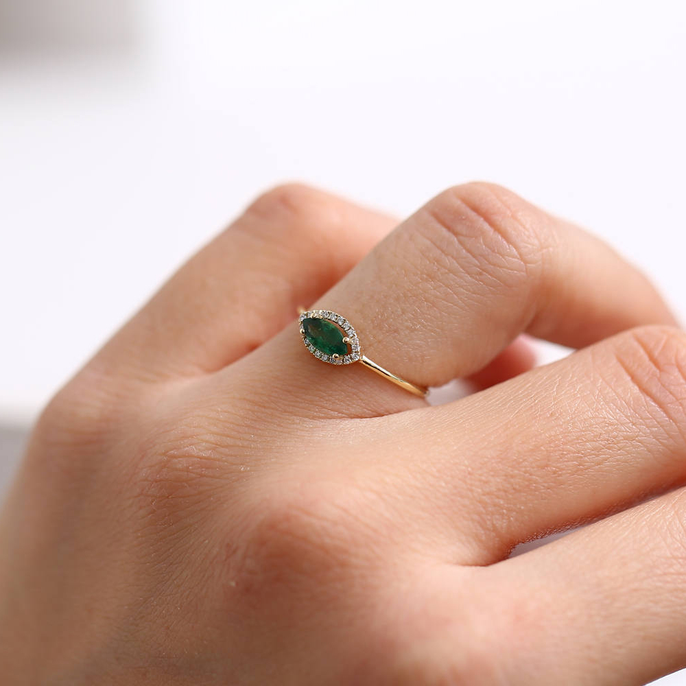 Delicate Sterling Silver Handmade Emerald Marquise Engagement Ring