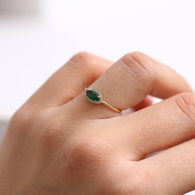 Delicate Sterling Silver Handmade Emerald Marquise Engagement Ring