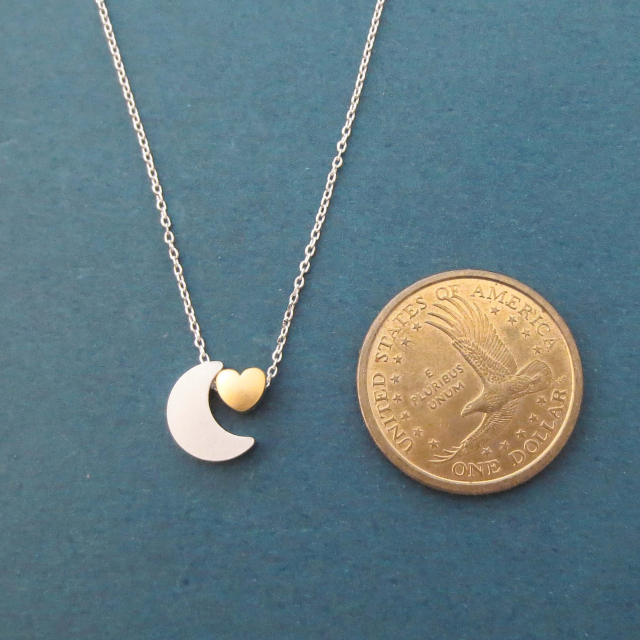 Sterling Silver Two Tone Crescent Moon and Heart Necklace Gift Jewelry