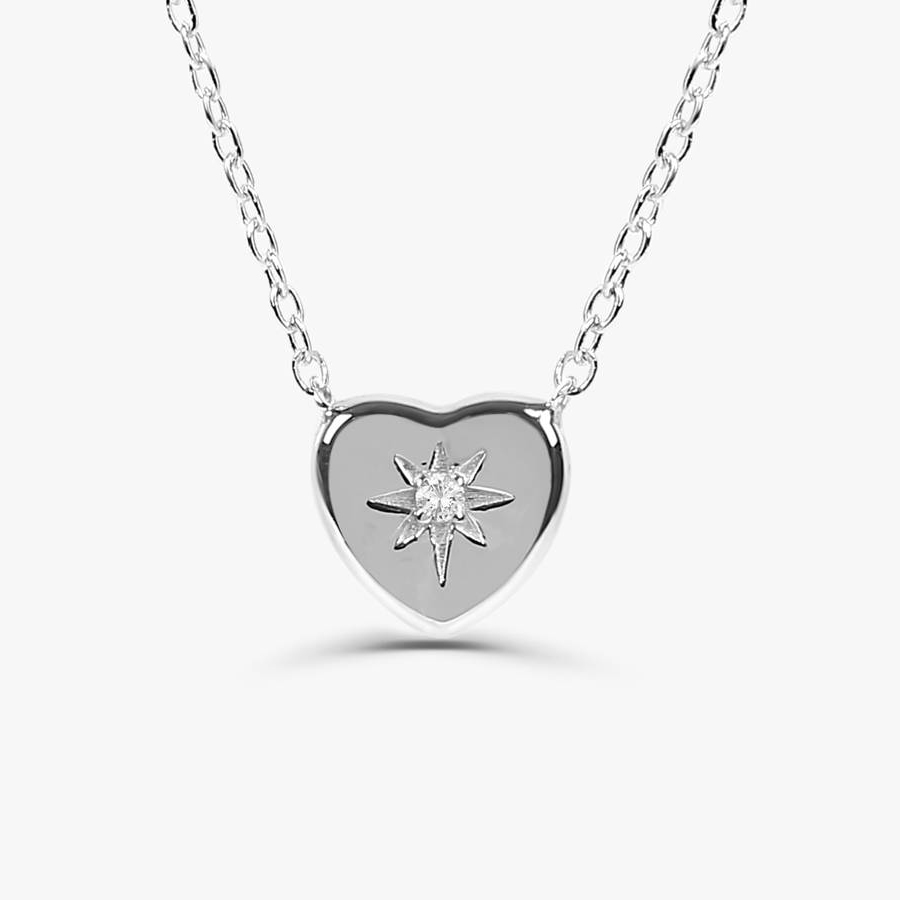 Sterling Silver Starburst Setting CZ Heart Necklace