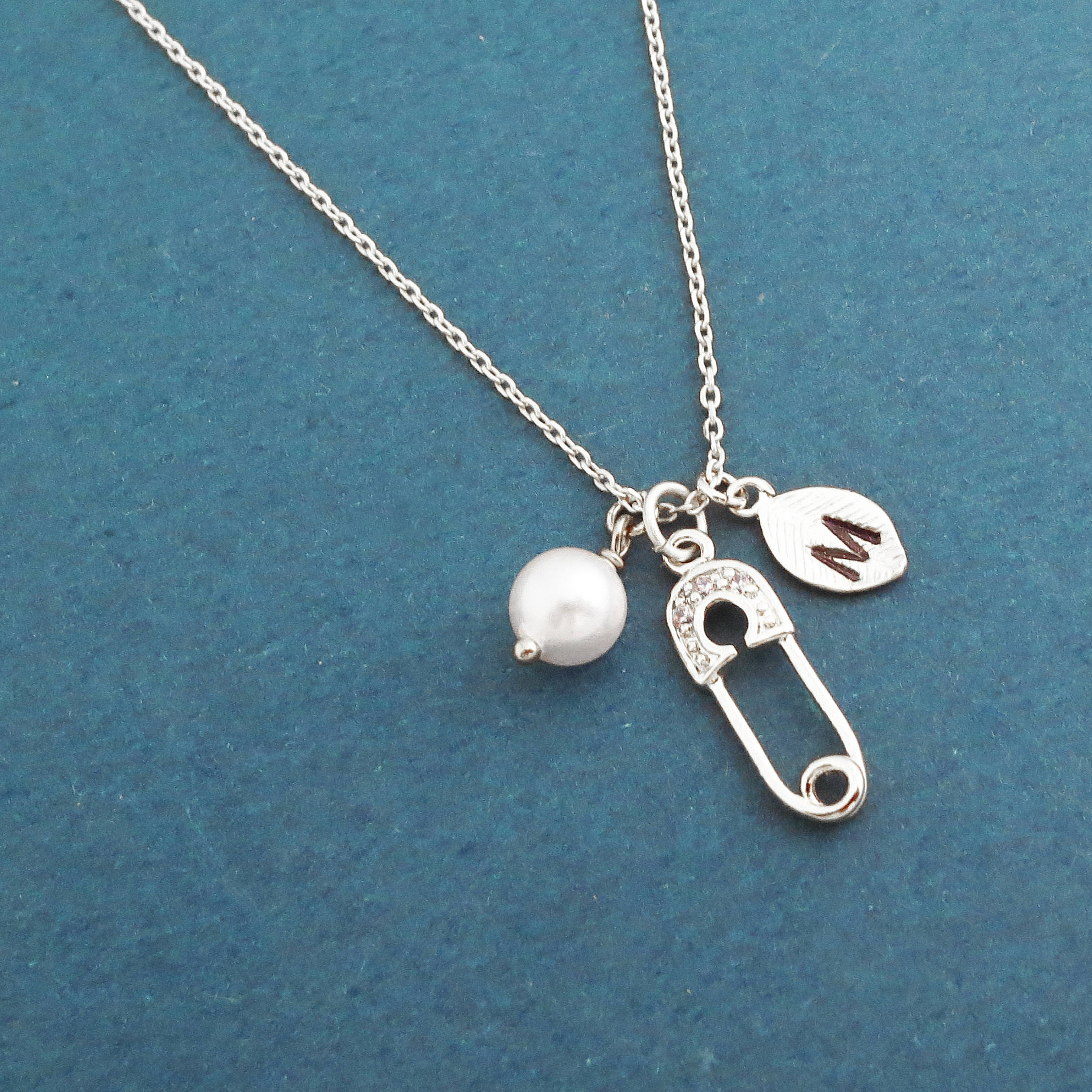 Sterling Silver 14K Gold Initial Letter, White Pearl and Safety Pin with CZ Charms Necklace