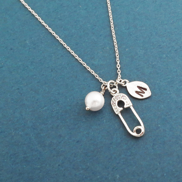 Sterling Silver 14K Gold Initial Letter, White Pearl and Safety Pin with CZ Charms Necklace