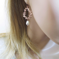Dainty Sterling Silver Rose Gold White Pearl and Olive Leaf Dangling Earrings for Party