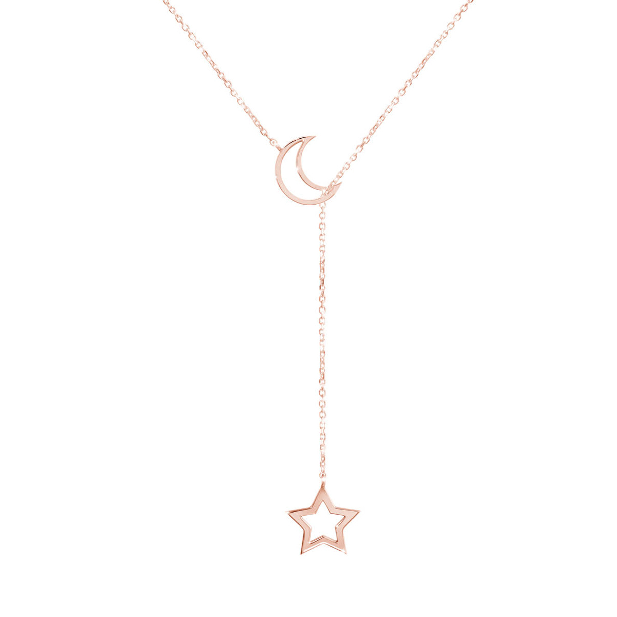 Sterling Silver Rose Gold Moon and Star Celestial Lariat Necklace