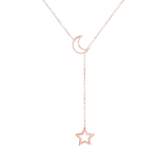 Sterling Silver Rose Gold Moon and Star Celestial Lariat Necklace