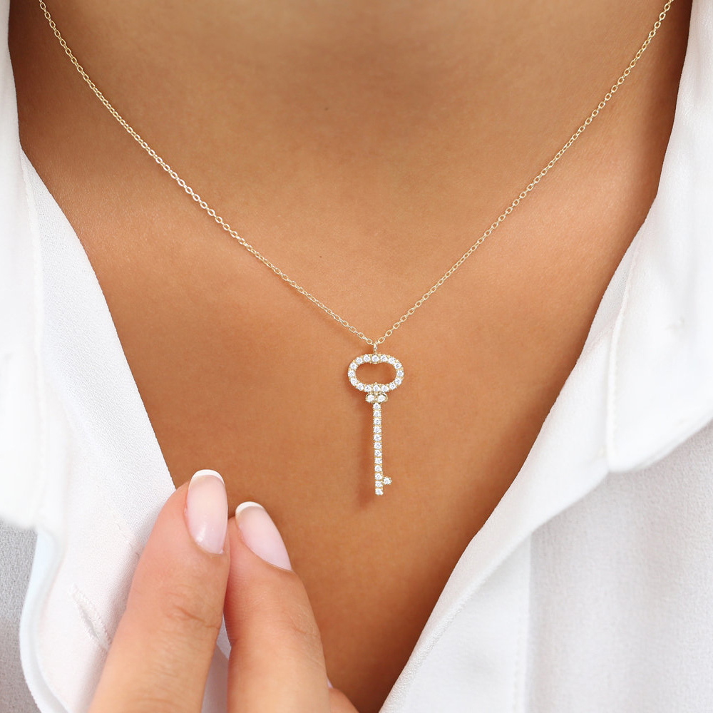 Deliate Design Sterling Silver Cubic Zirconia Key Charm Necklace