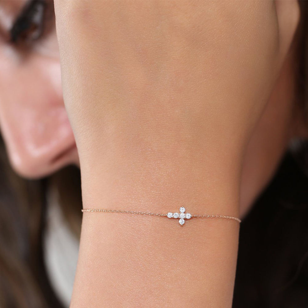 Sterling Silver Tiny White CZ Mini Cross Bracelet