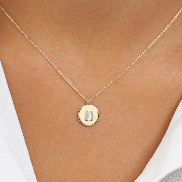 Delicate Sterling Silver Baguette Cubic Zirconia Round Disc Pendant Necklace
