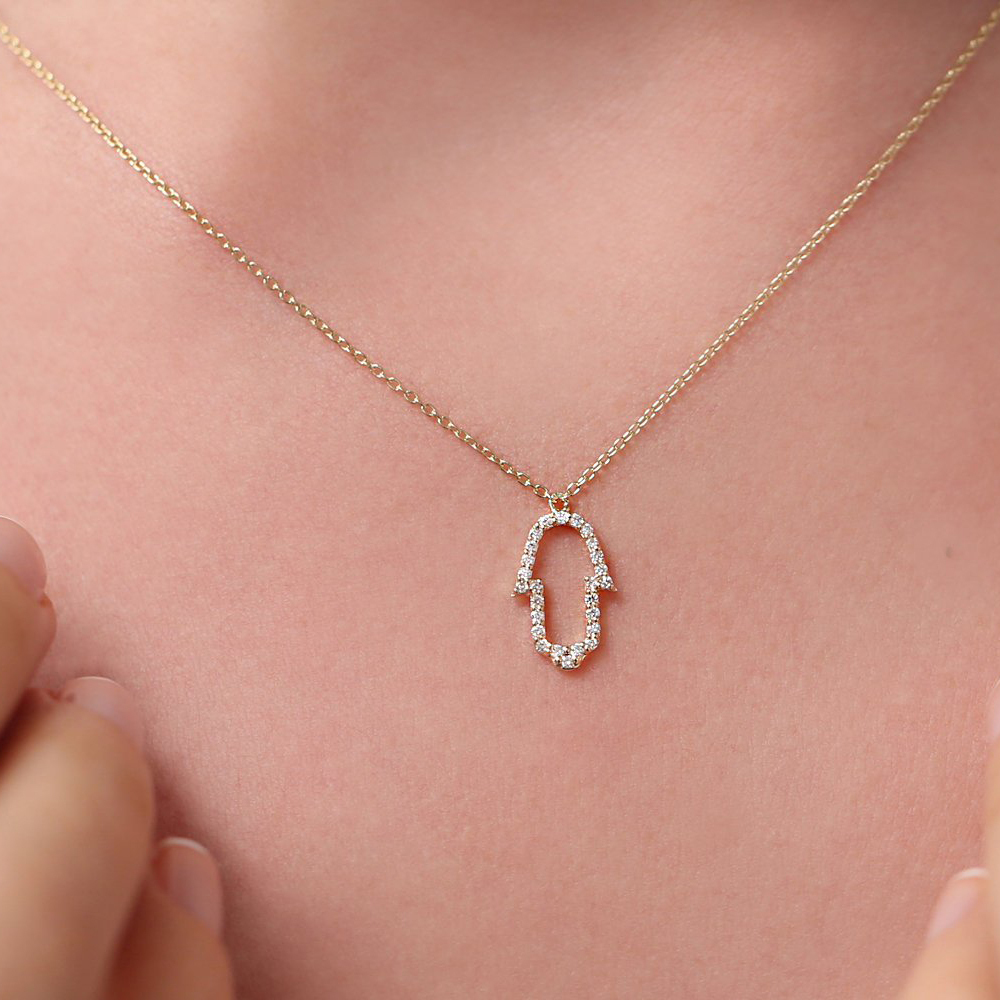 Sterling Silver Brilliant Cubic Zirconia Micro Pave Hamsa Necklace