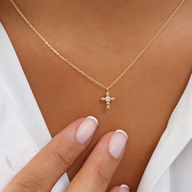 Dainty Sterling Silver Solitaire Mini Cross Necklace