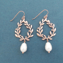 Dainty Sterling Silver Rose Gold White Pearl and Olive Leaf Dangling Earrings for Party