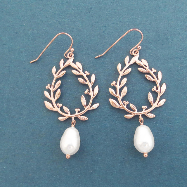 Dainty Sterling Silver Rose Gold White Pearl and Olive Leaf Dangling Earrings for Party