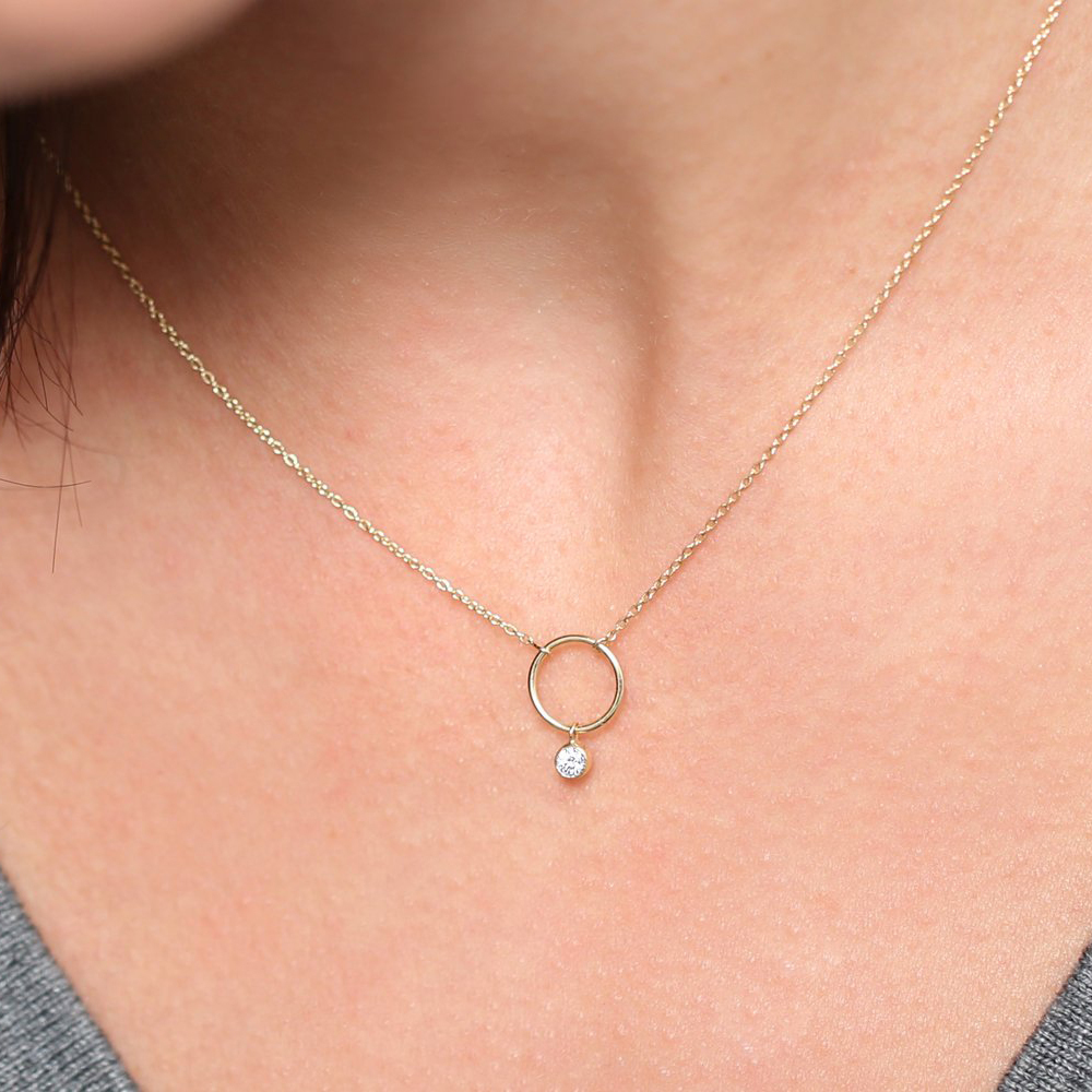 Sterling Silver Circle Necklace with Dangling Bezel Set CZ Choker