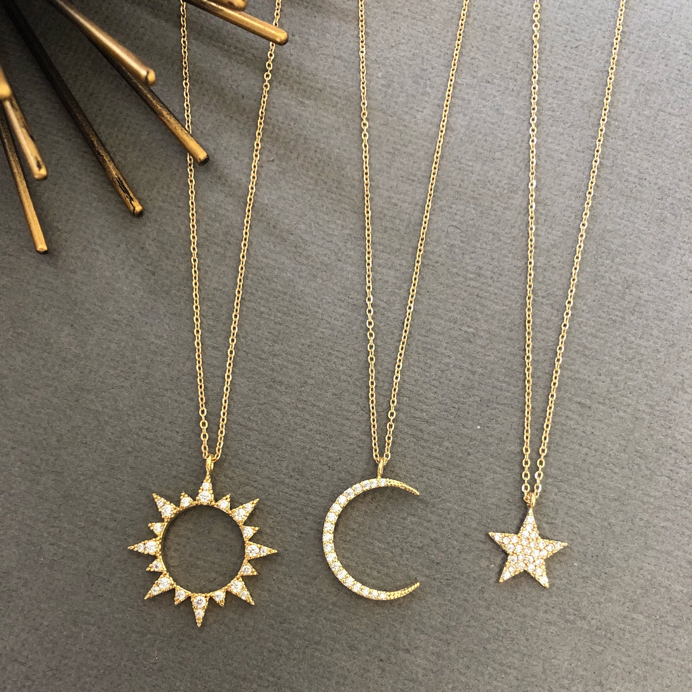 Minimalist Sterling Silver Celestial Star, Moon and Sun Necklace