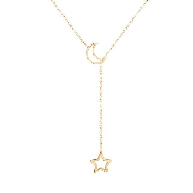 Sterling Silver Rose Gold Moon and Star Celestial Lariat Necklace