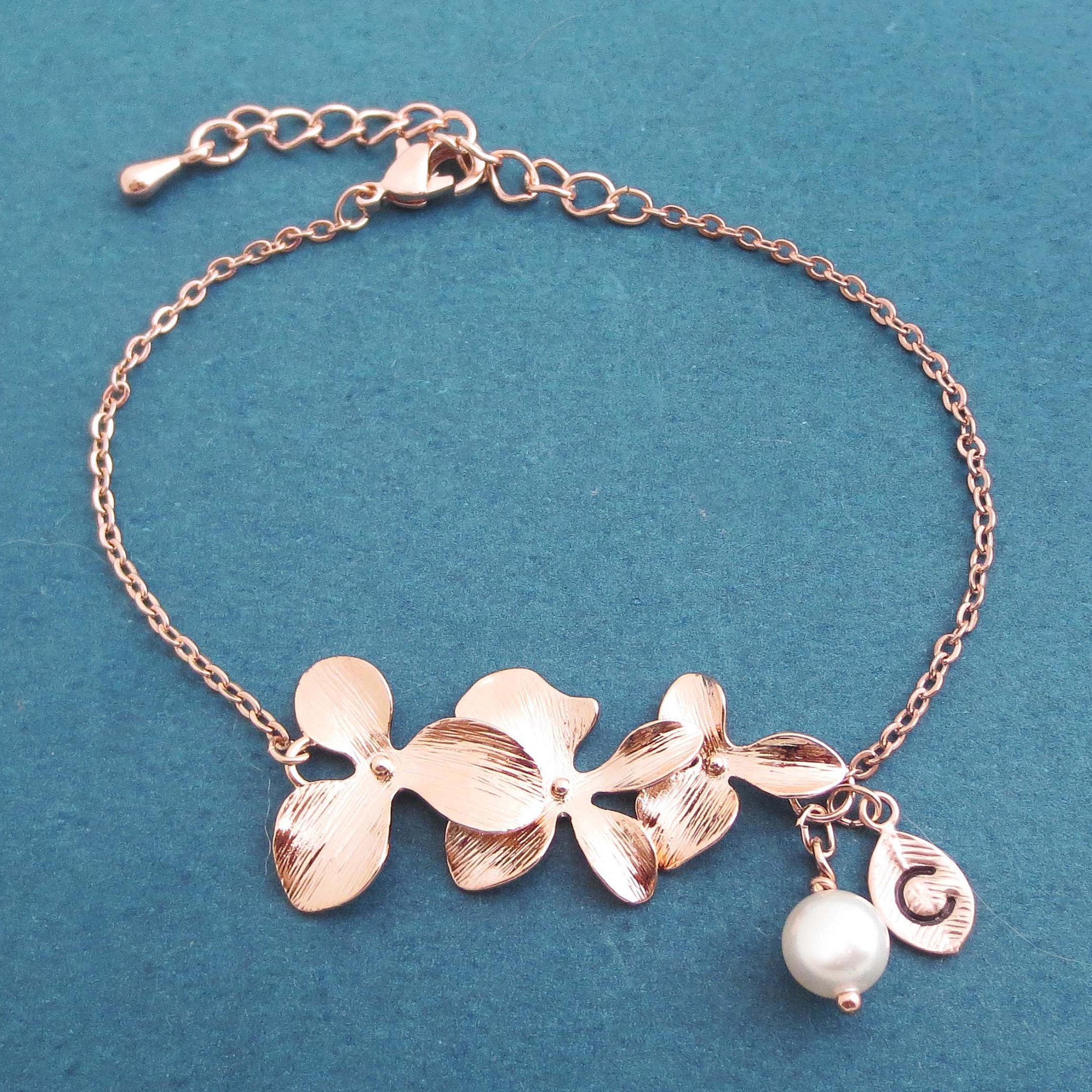 Beautiful Sterling Silver Rose Gold Orchid Flower Bracelet for Wedding