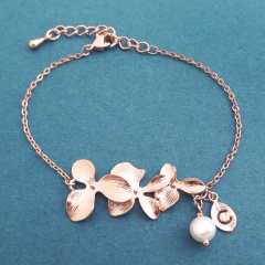 Beautiful Sterling Silver Rose Gold Orchid Flower Bracelet for Wedding