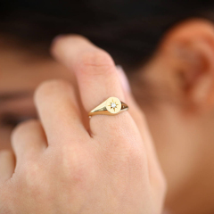 Sterling Silver Pink Gold Solitaire Diamond Signet Starburst Finger Ring