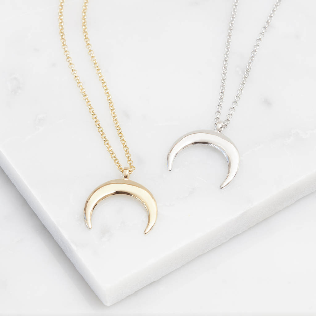 Sterling Silver Drop Cresent Moon Necklace in Silver, Gold or Rose