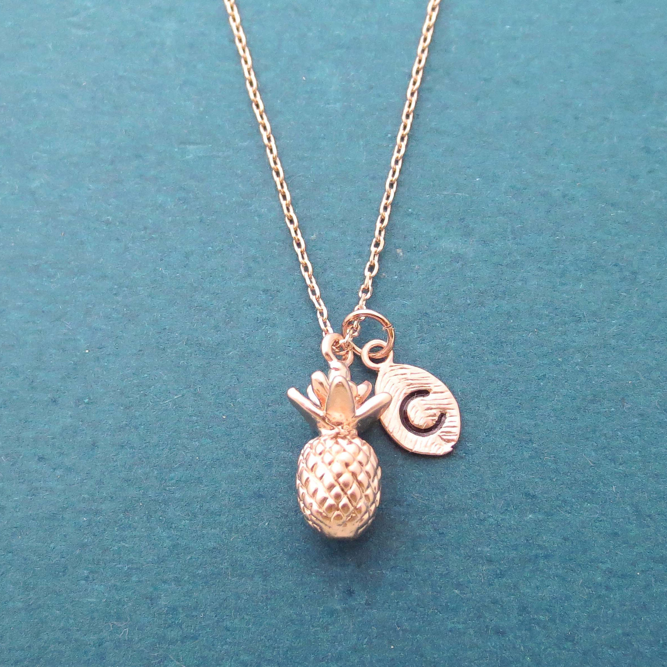 Sterling Silver Rose Gold Letter Initial Pineapple Necklace for Christmas Gift
