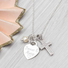 Personalised Sterling Silver Pearl, Heart and Cross Necklace