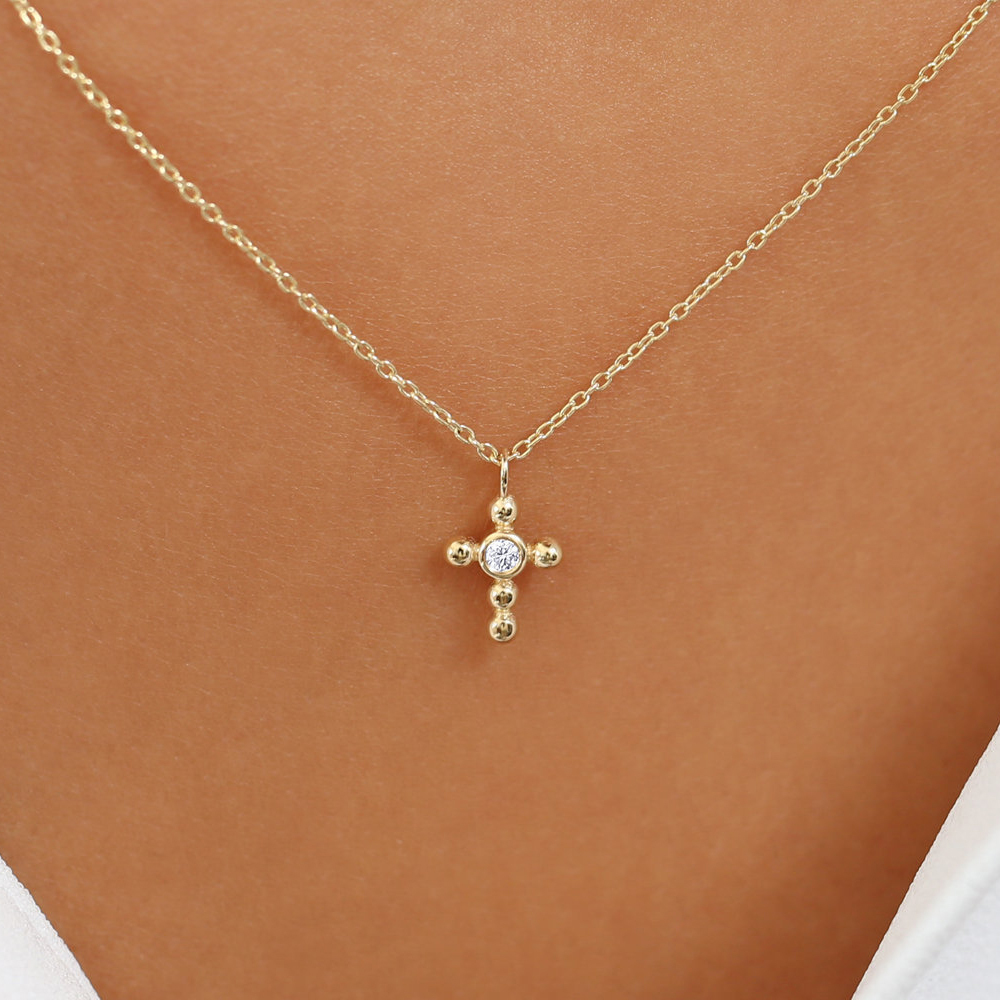 Dainty Sterling Silver Solitaire Mini Cross Necklace