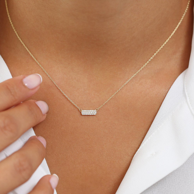 Sterling Silver Micro Pave Cubic Zirconia Small Horizontal Bar Necklace
