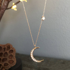 Sterling Silver Rose Gold Dainty Crescent Moon and Satr Necklace
