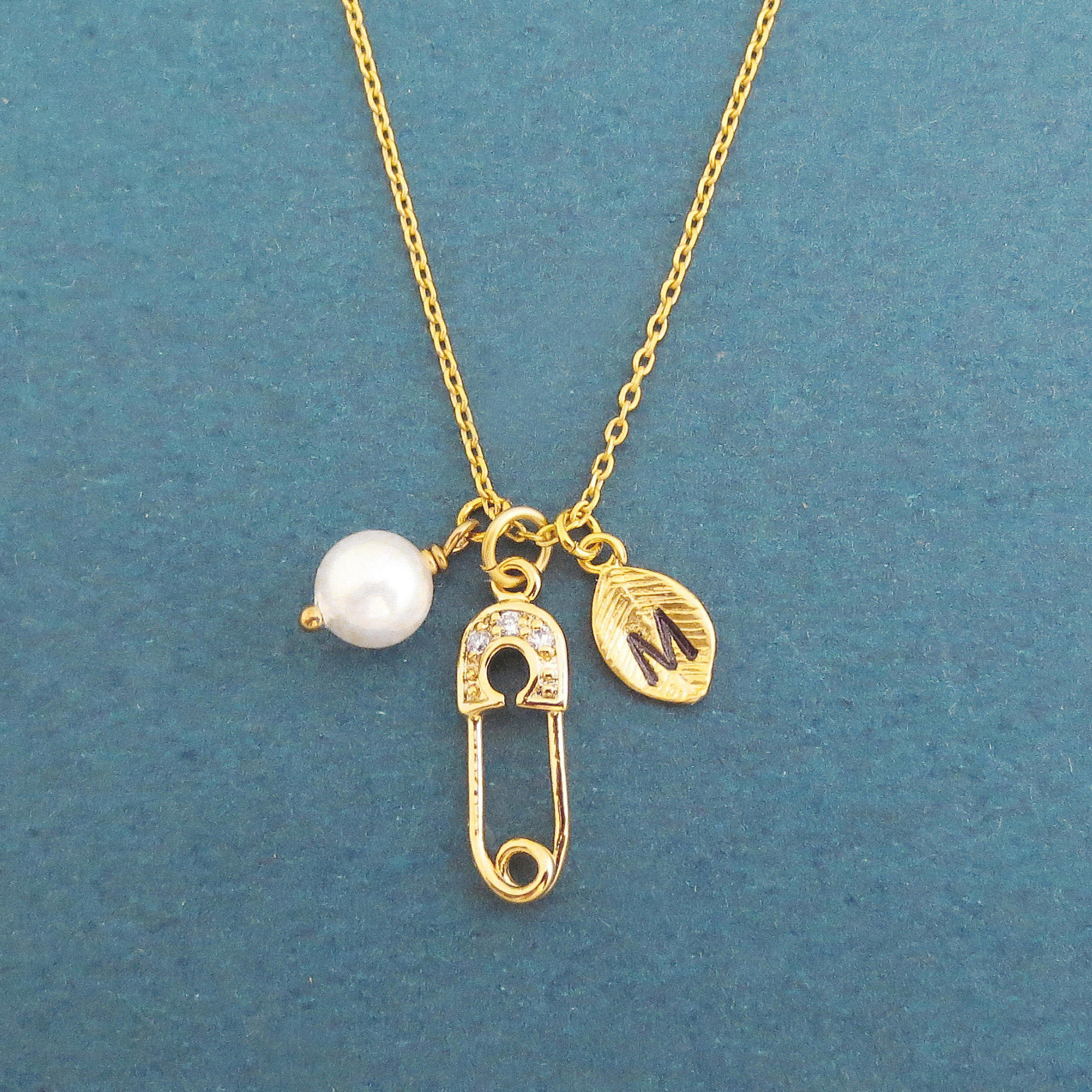 Sterling Silver 14K Gold Initial Letter, White Pearl and Safety Pin with CZ Charms Necklace
