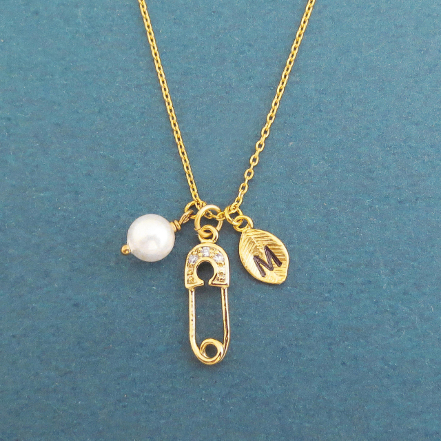 Sterling Silver 14K Gold Initial Letter, White Pearl and Safety Pin with CZ Charms Necklace