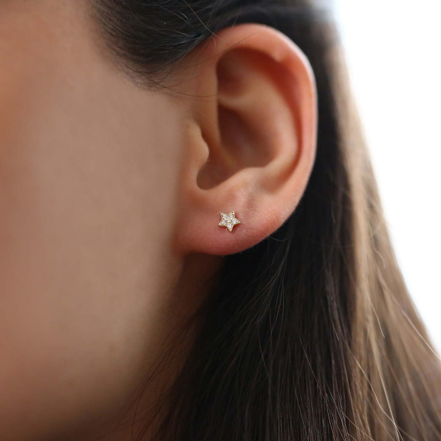 Sterling Silver 14K Gold Cubic Zirconia Tiny Star Stud Earrings
