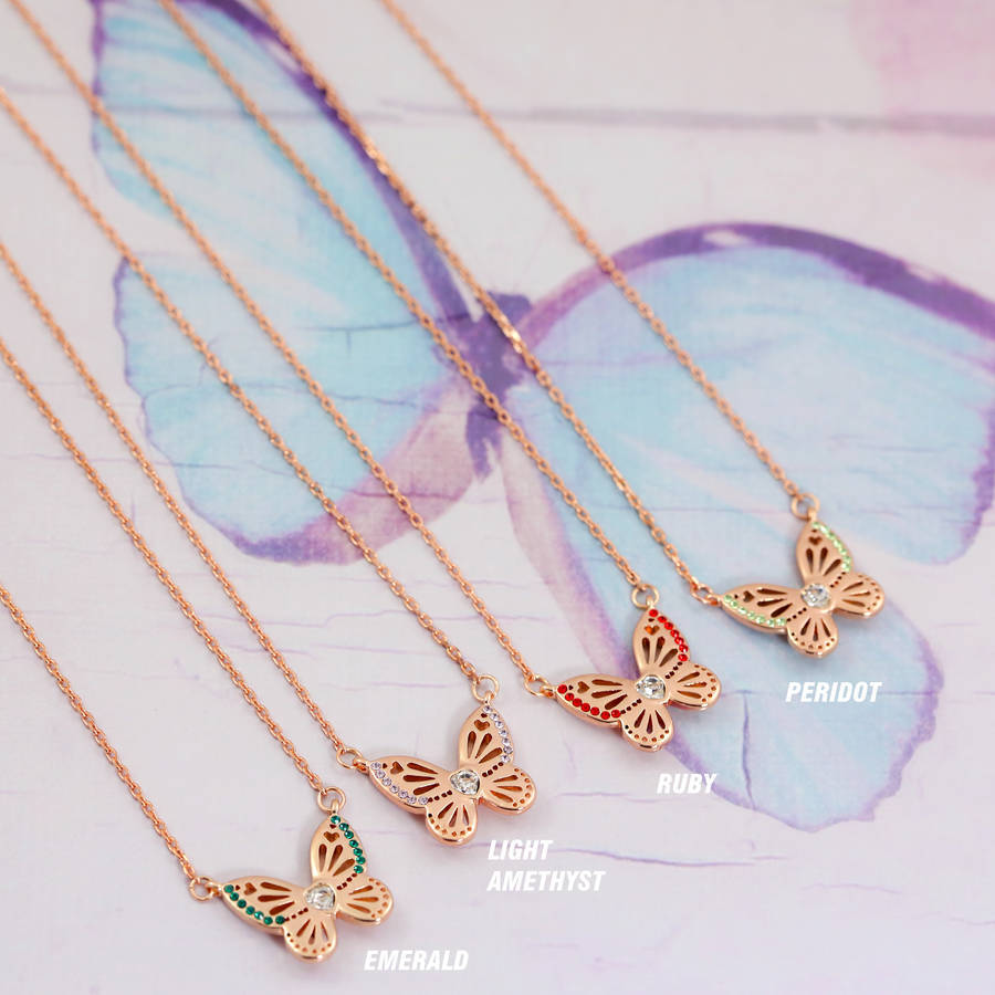 Sterling Silver Rose Gold Butterfly Birthstone Necklace