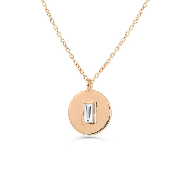 Delicate Sterling Silver Baguette Cubic Zirconia Round Disc Pendant Necklace